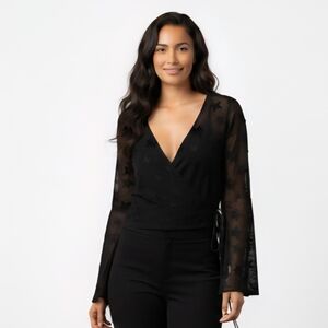 Design Lab Sheer Star Print Knit Top Size M Flared Bell Sleeves Tie Detail